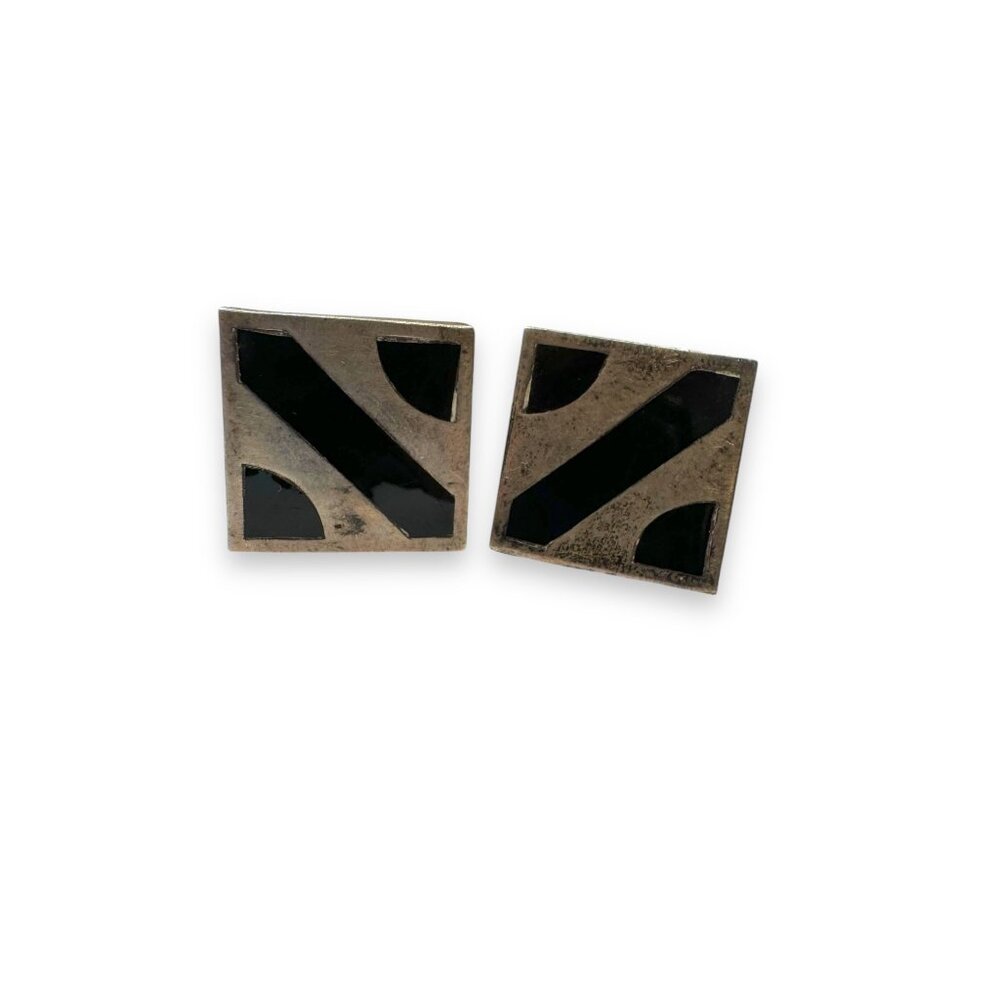 Vintage Mexican Sterling Silver Onyx Inlay Square Cufflinks Alpaca Toggle